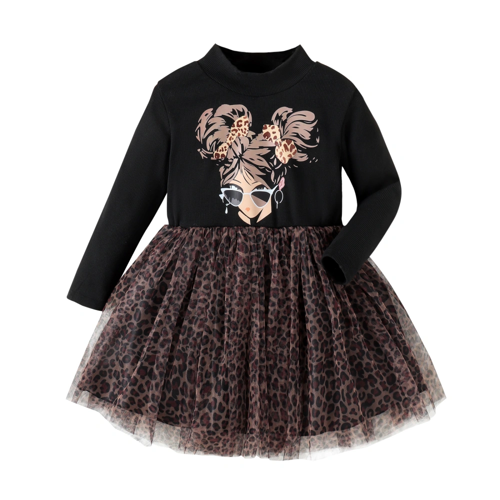 Girls Dress Long Sleeve Crewneck Leopard Print Tulle Patchwork Dress