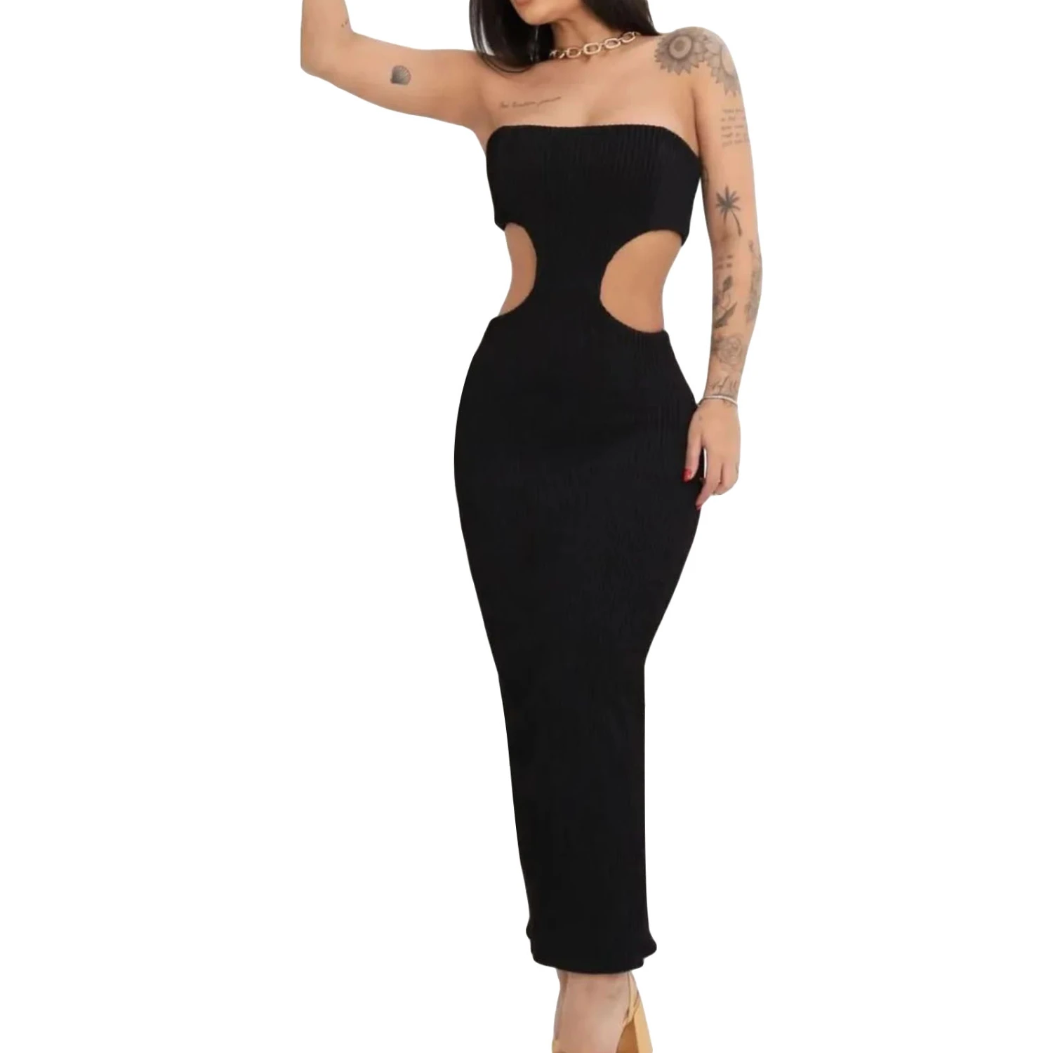 Women Knit Dress, Strapless Backless Hollowed Slit Long Tube Dress
