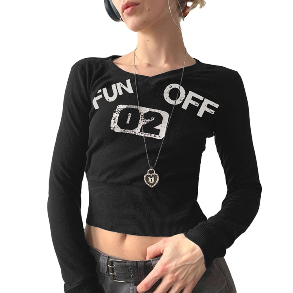 Women's Crop Tops Long Sleeve V Neck Letter Print Ribbed Hem T-Shirts