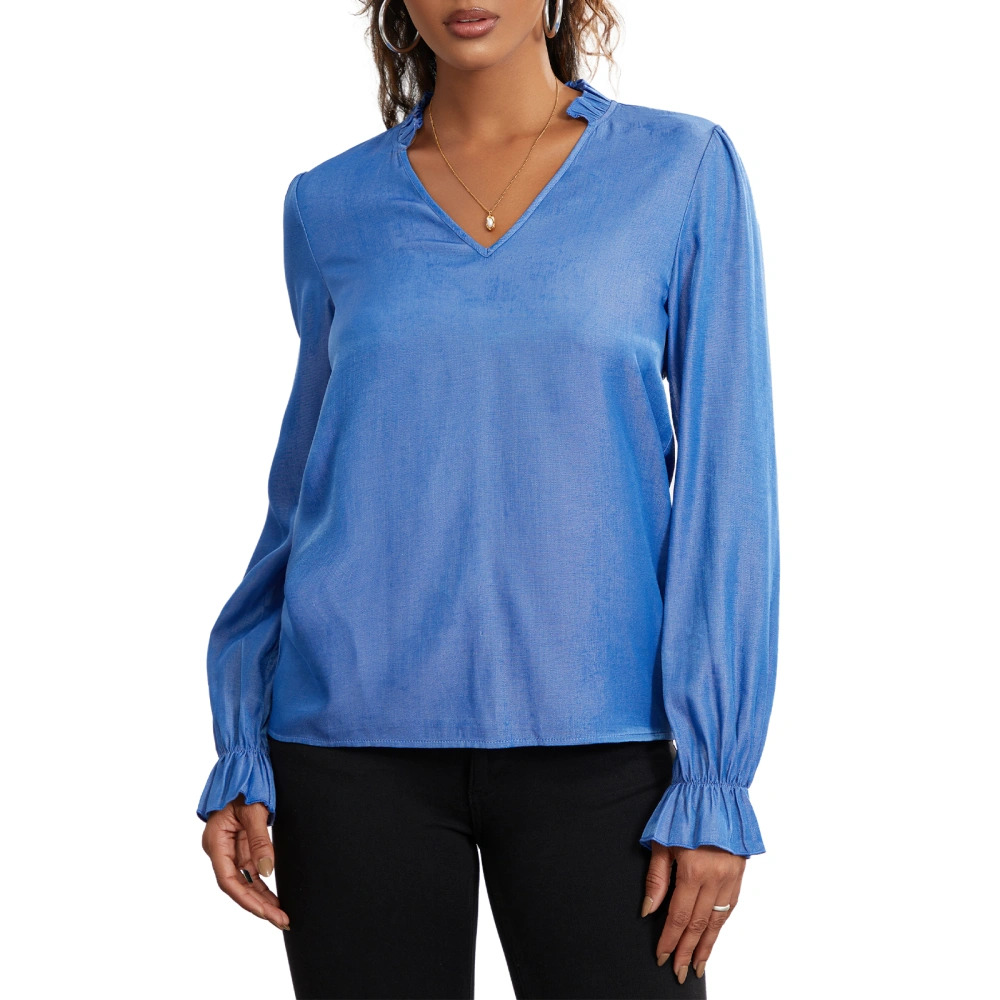 Women’s Notched V Neck T-Shirts Long Sleeve Solid Color Frill Tops