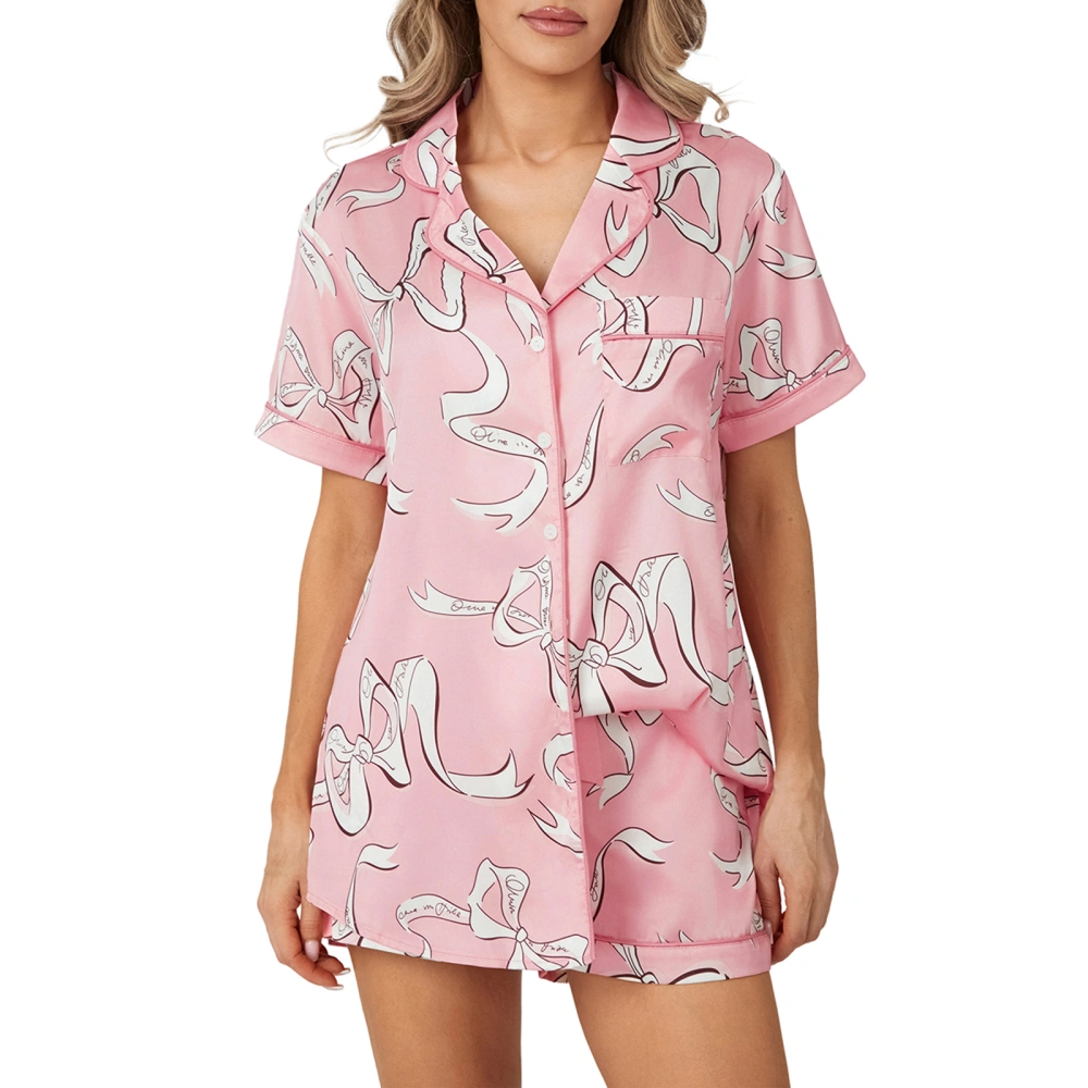 Women's Satin Loungewear Bow Print Short Sleeve Lapel Tops Shorts