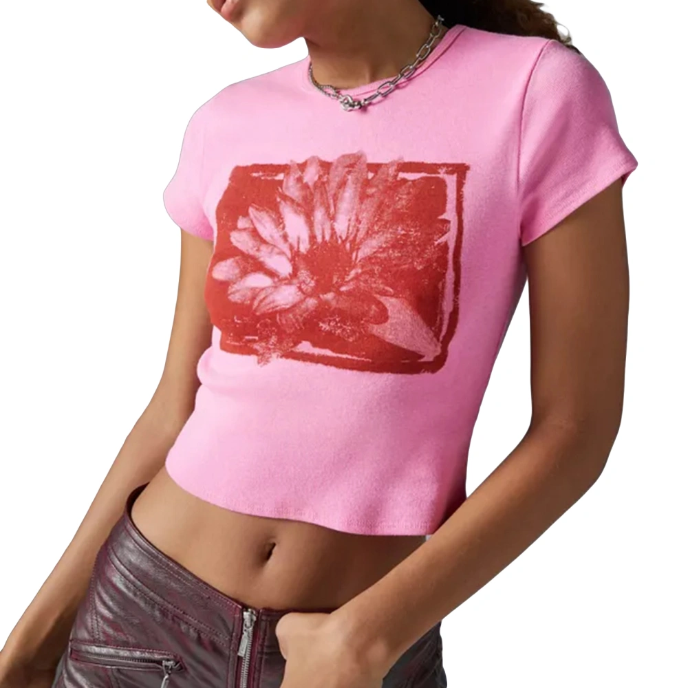 Women's Summer Crop Tops Lotus Print Short Sleeve Baby Tee Streetwear