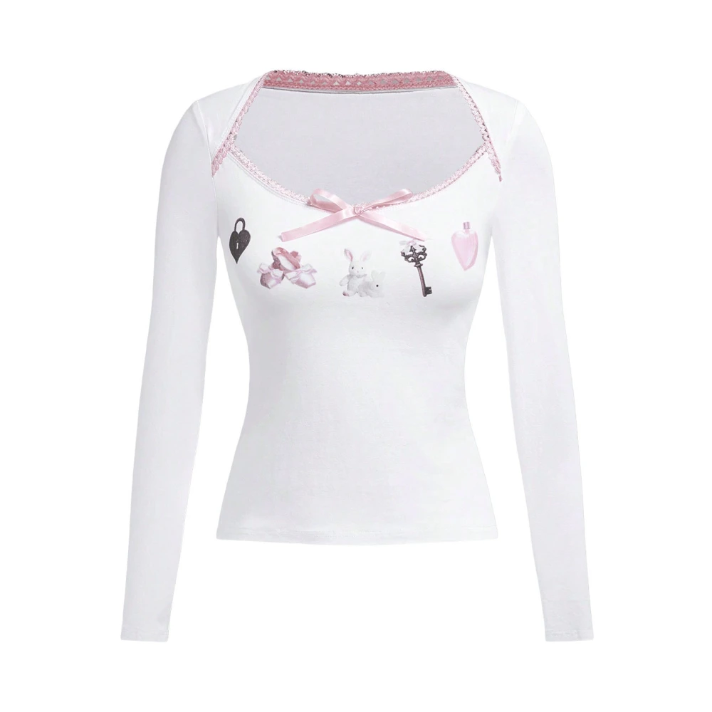 Women's Spring Slim Kawaii Tops Bunny Print Long Sleeve T-Shirt 