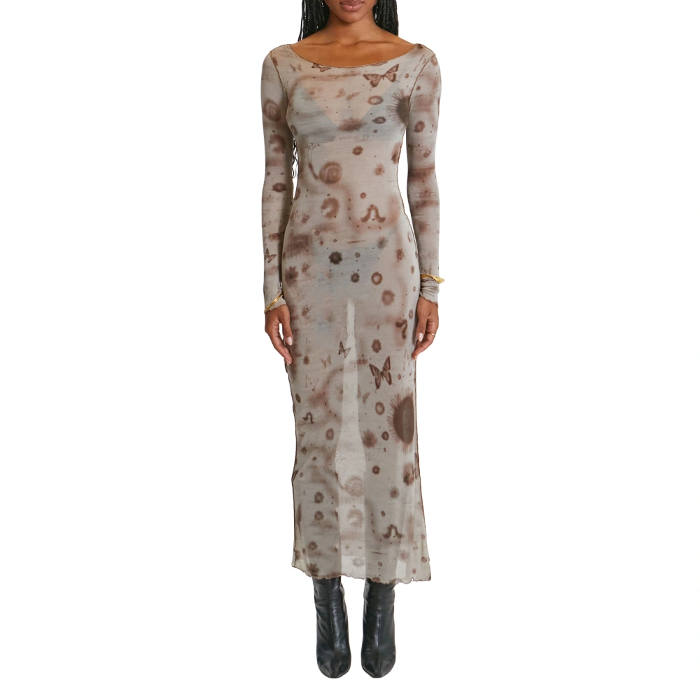 Women Mesh Sheer Long Dress Butterfly Print Long Sleeve Slim Dress