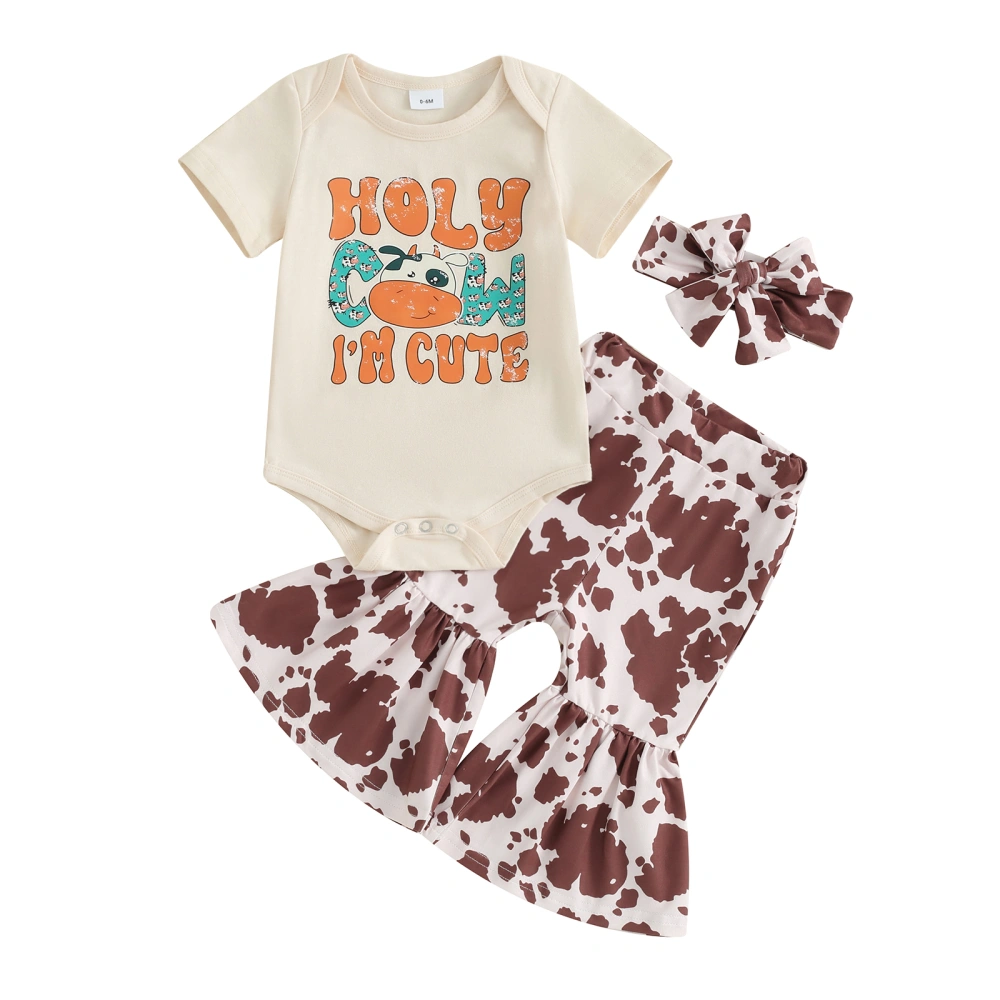 Girls 3 Piece Outfit Letter Print Romper and Cow Flare Pants Headband