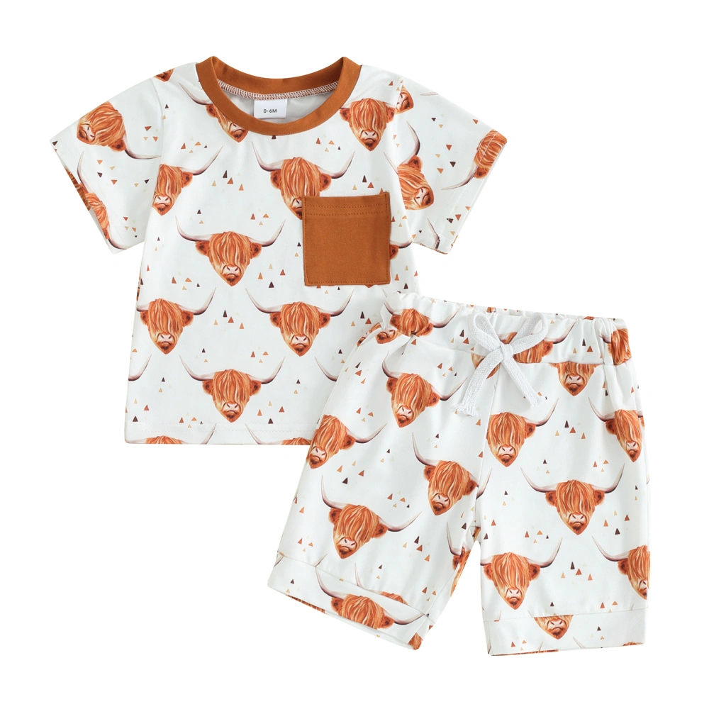 2Pcs Baby Boy Western Clothes Short Sleeve Cow Print Tops + Shorts Set