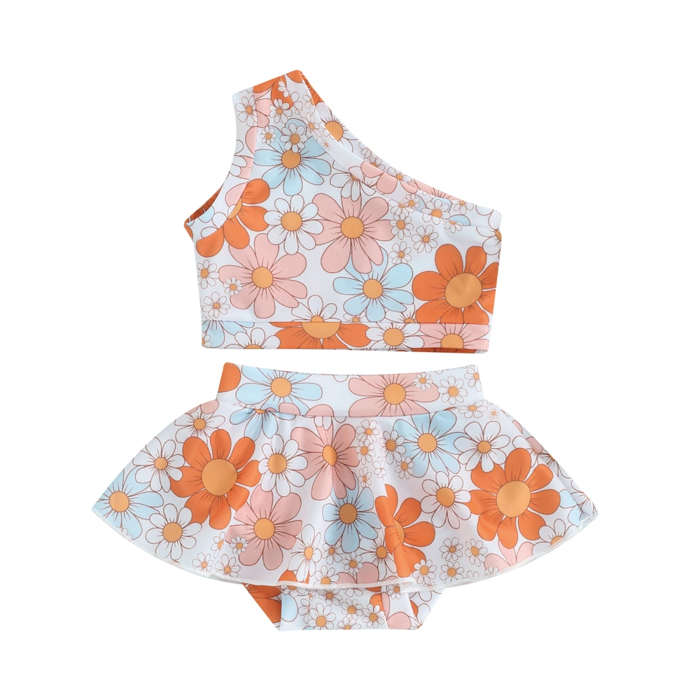 Girls Swimsuit Set, One Shoulder Flower Print Tops + Swim Shorts 