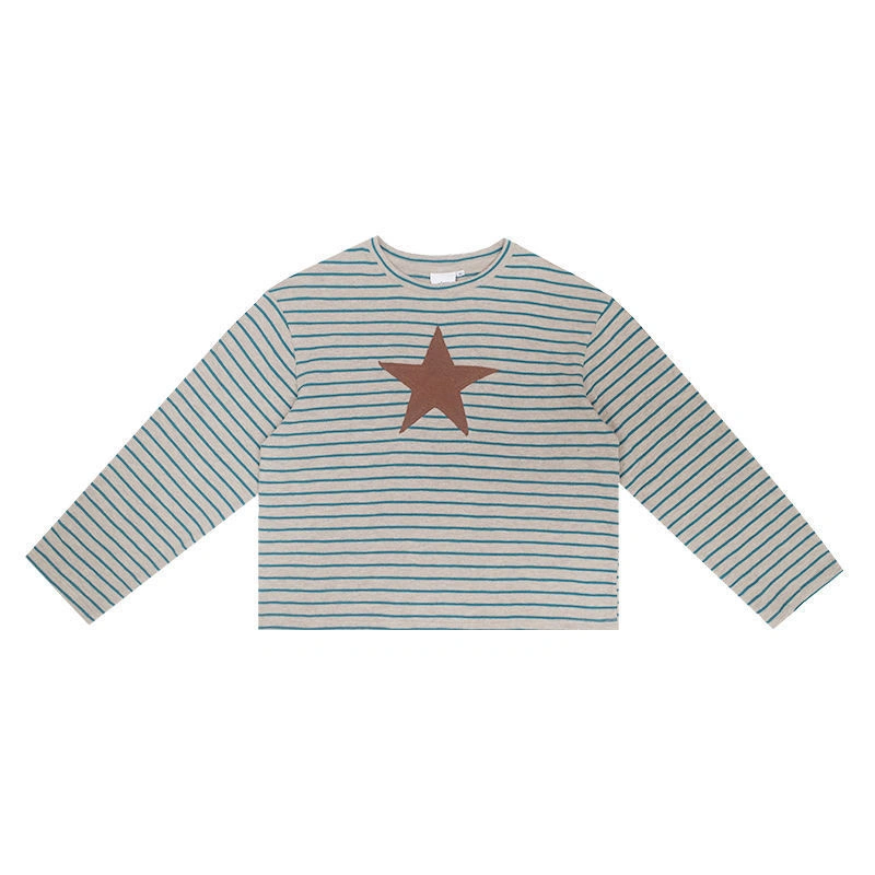 Women's Crewneck Tops Long Sleeve Star Print Loose Striped T-shirt