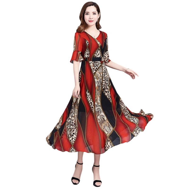 Women Summer Casual Midi Dress Ethnic Print Short Sleeve V-Neck Dress