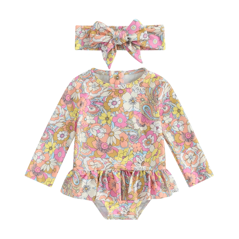 Girls Swimwear Long Sleeve Crewneck Floral Print Romper with Headband