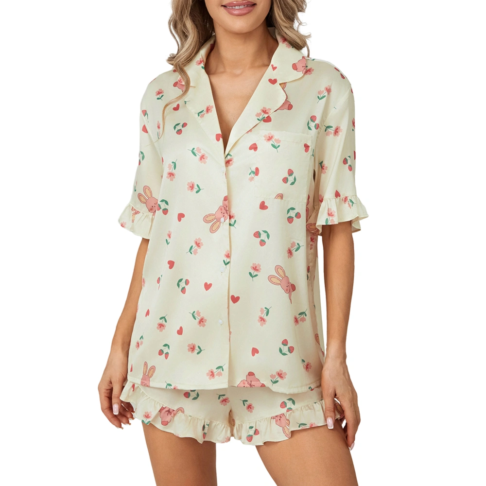 Women 2 Piece Pajama Set Floral Bunny Summer Tops and Ruffled Shorts