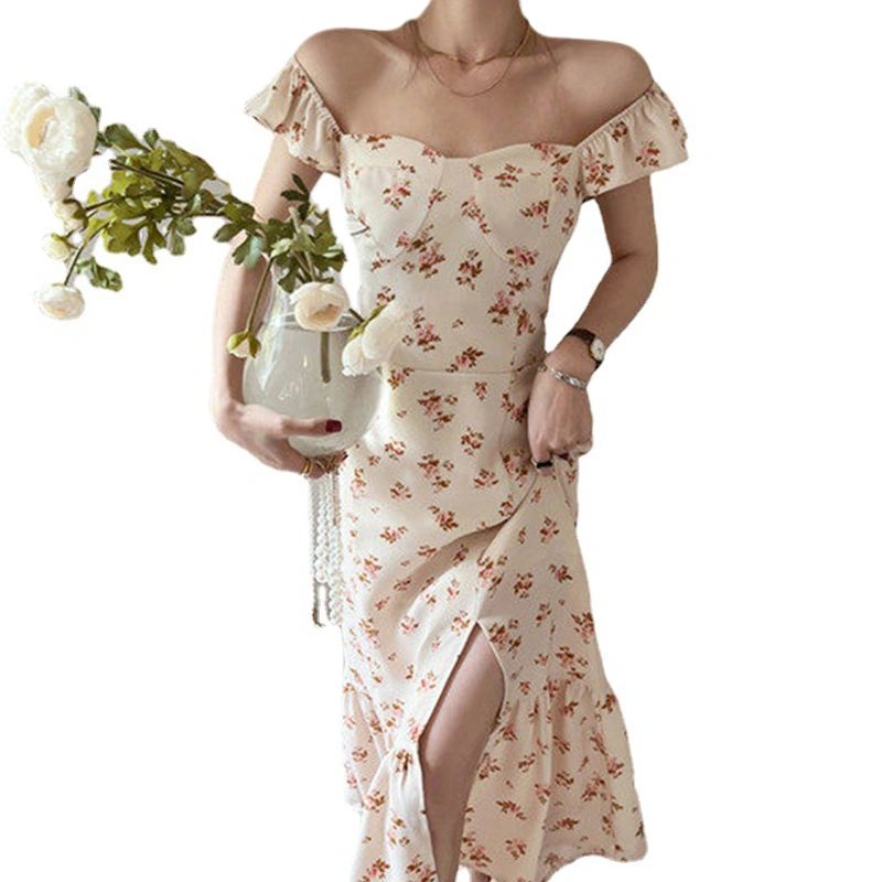 Women Floral Dress Summer Ruffle Hem Split Party Dress for Beach
