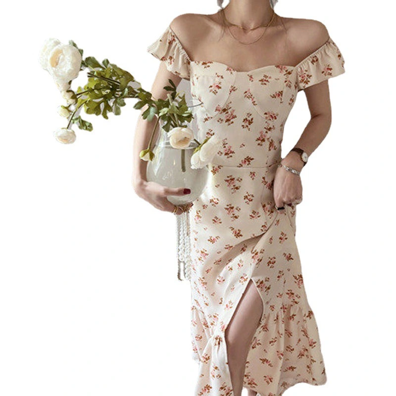 Women Floral Dress Summer Ruffle Hem Split Party Dress for Beach