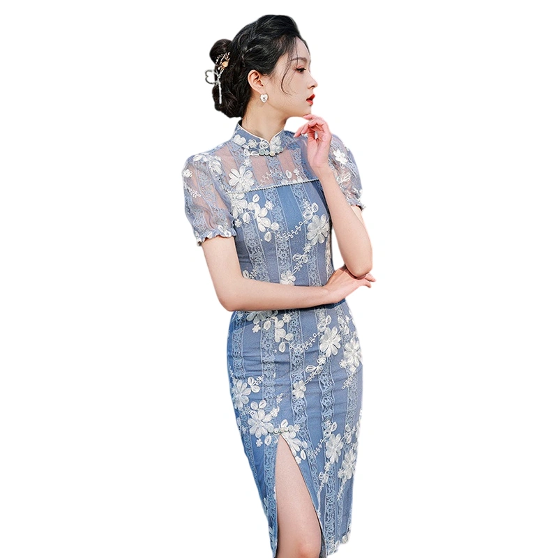 Women's Cheongsam Dress Short Sleeve Floral Embroidery Dress