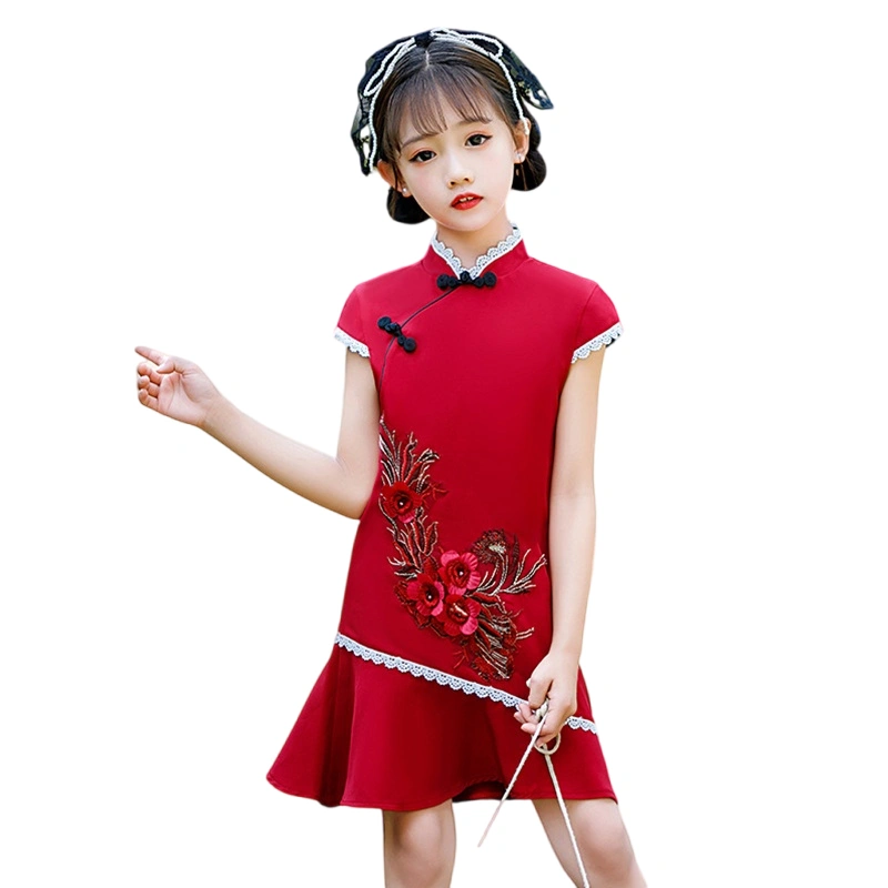 Girl Chinese Style Dress Red Short Sleeve Flower Print Cheongsam