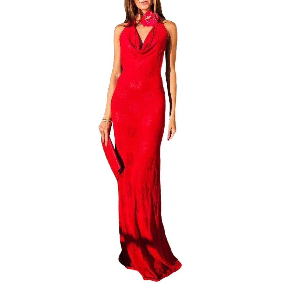 Women's Long Halter Dress Solid Color Backless Slim Dress for Beach