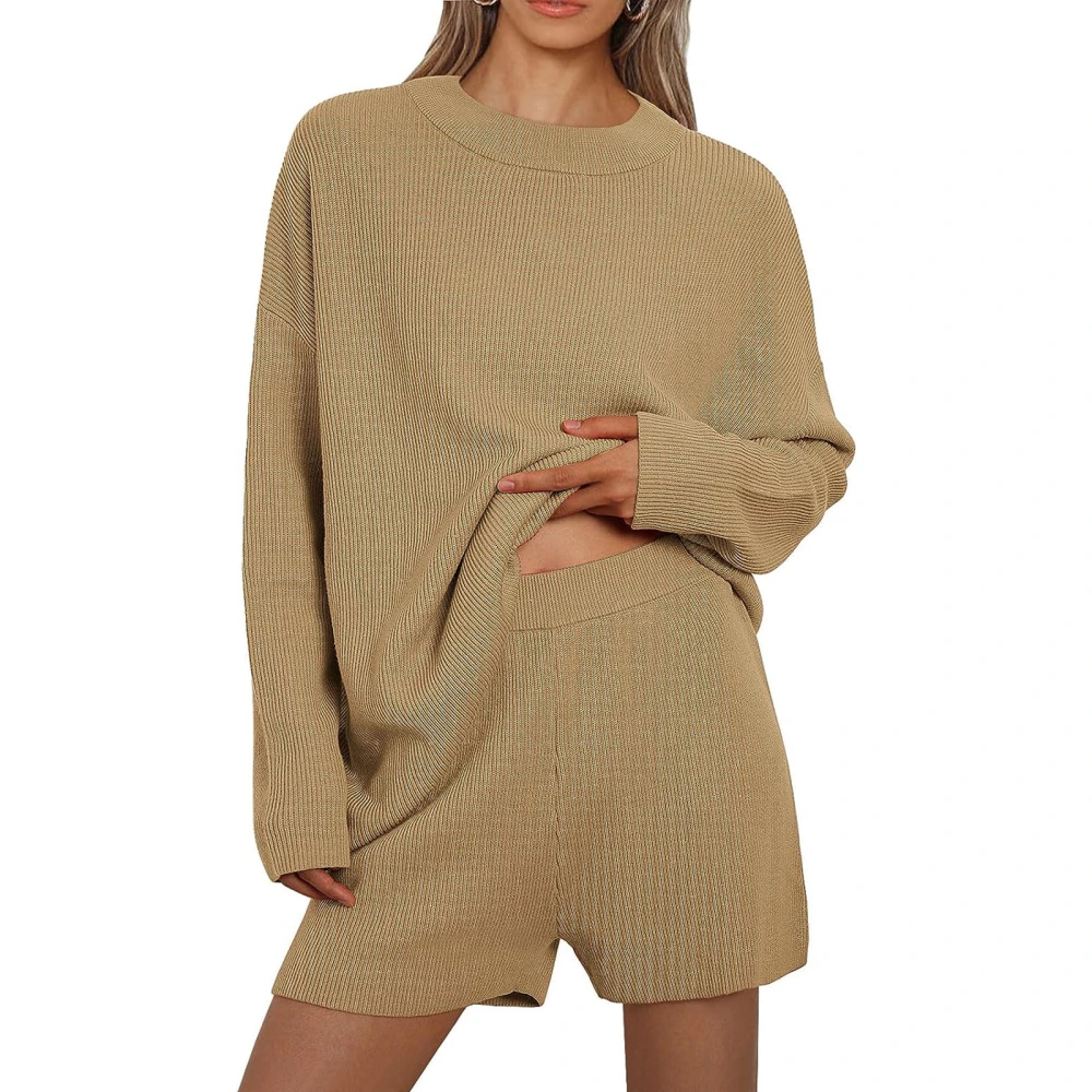 Women 2 Piece Knitted Outfits Solid Color Long Sleeves Tops and Shorts