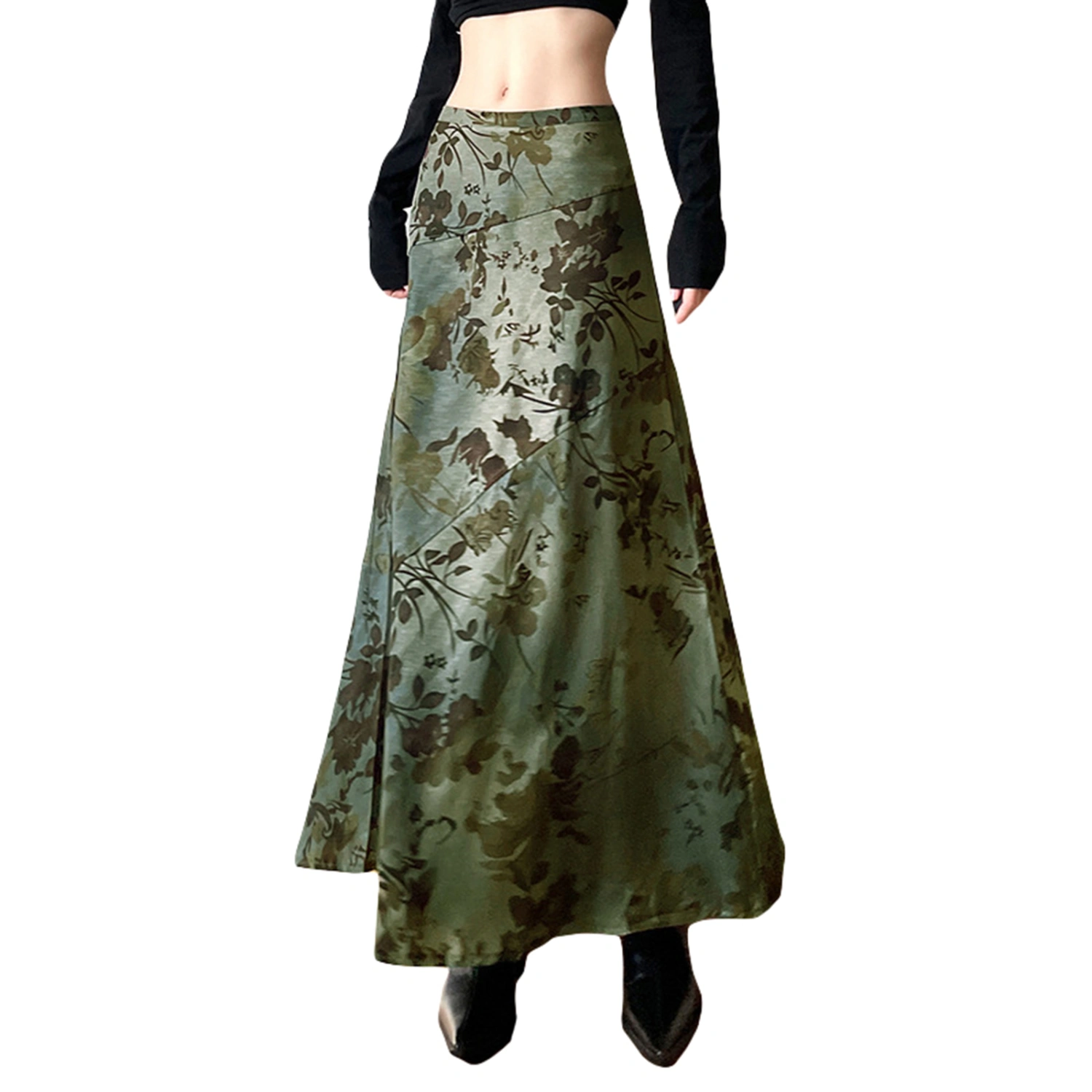 Women Vintage Skirt Casual Summer Floral Print A-Line Long Skirt