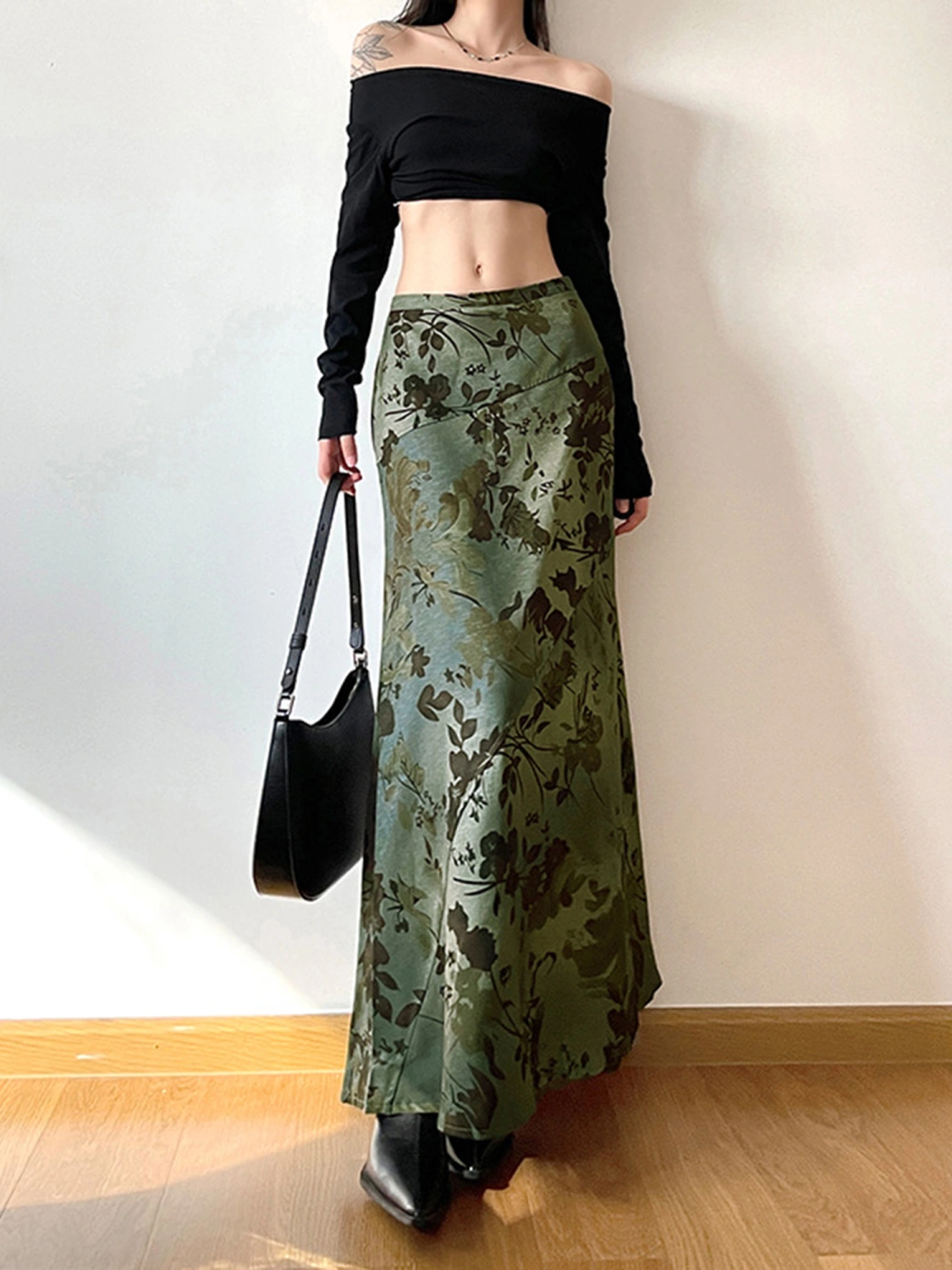 Women Vintage Skirt Casual Summer Floral Print A-Line Long Skirt