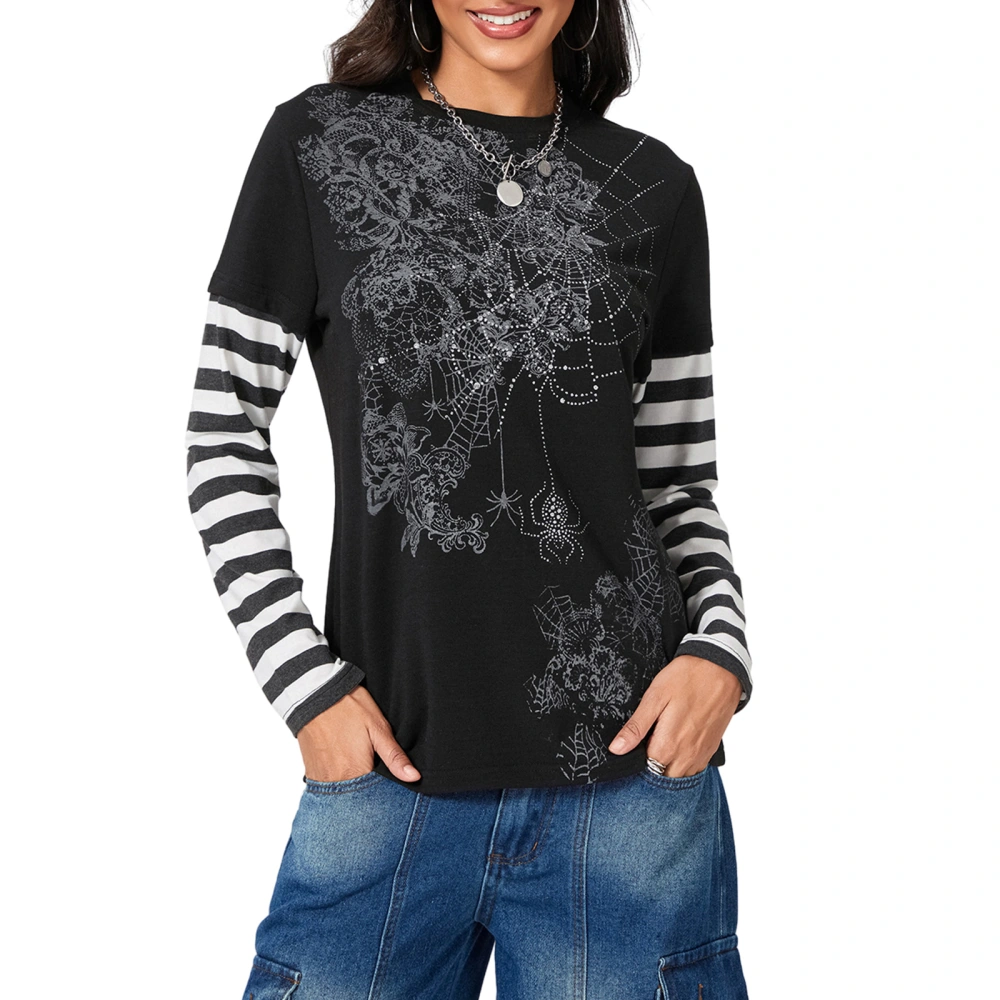 Women T-shirt Long Sleeve Cobweb Print Patchwork Tops Streetwear