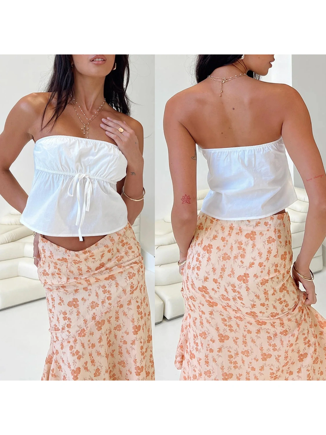 Women Drawstring Tube Tops Solid Color Strapless Cropped Bandeau 