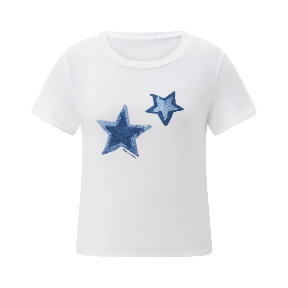 Women Short Sleeve T-Shirts Stars Print Crew Neck Shirts Streetwear