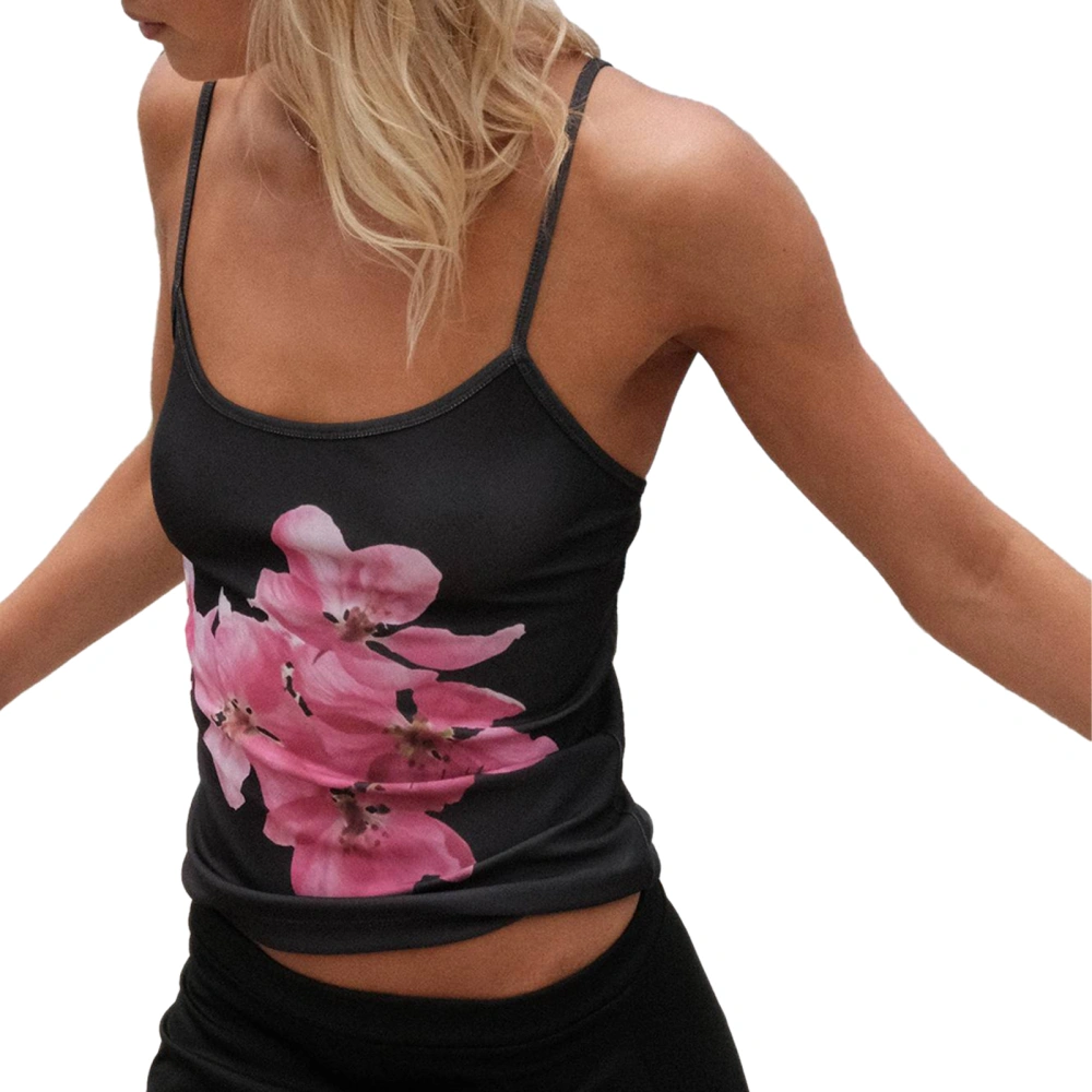 Women Tight Fitted Scoop Neck Flower Print Spaghetti Strap Crop Tops 