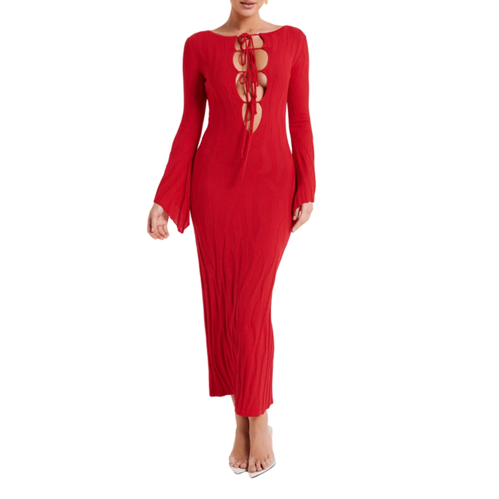 Women's Knit Long Dress Cutout Tie Front Long Sleeve Slim Dress