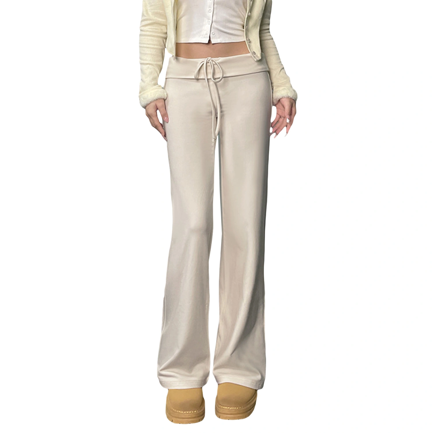 Women Straight Leg Pants Folded Waist Drawstring Casual Trousers