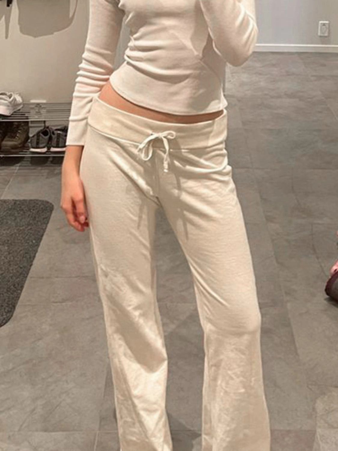 Women Straight Leg Pants Folded Waist Drawstring Casual Trousers