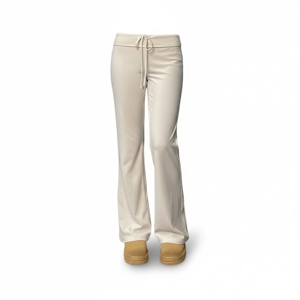 Women Straight Leg Pants Folded Waist Drawstring Casual Trousers