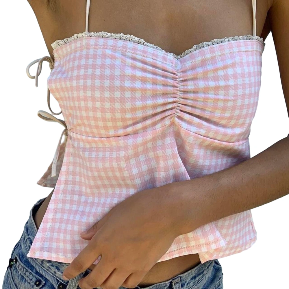 Women's Plaid Print Cami Tops Tie Spaghetti Strap Ruched Camisole