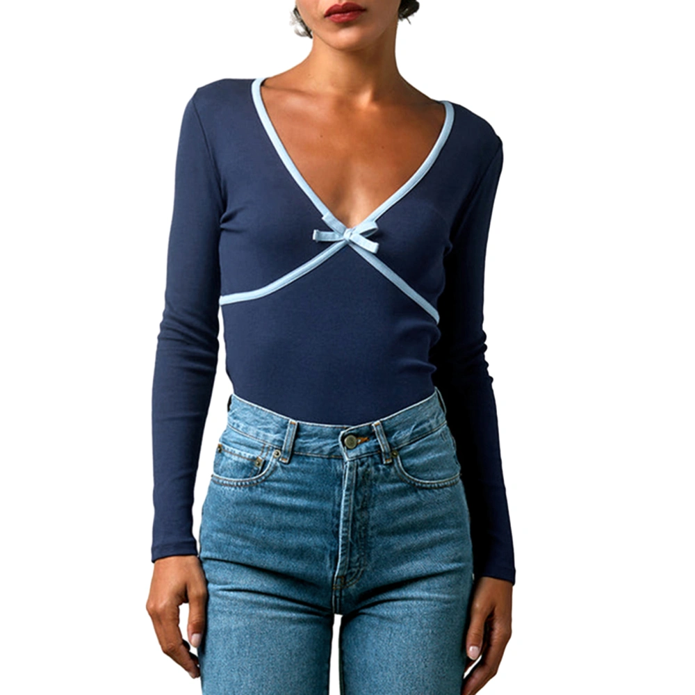 Women T-shirt Long Sleeve V Neck Contrast Color Bow Fall Tops