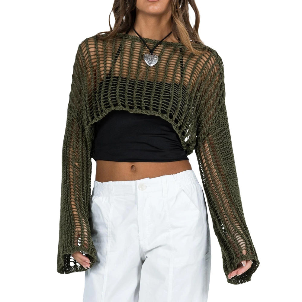 Women Mesh Crochet Crop Tops Solid Color Hollow-Out Knit Sweater