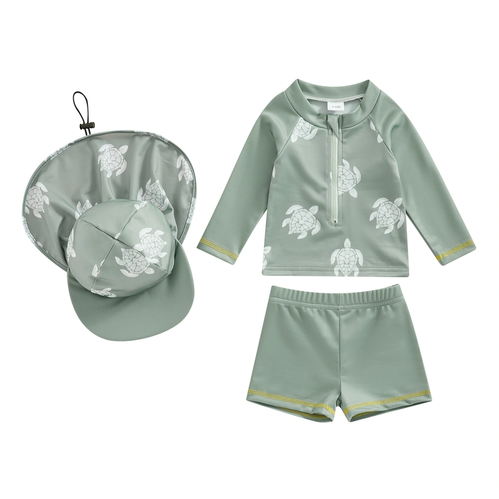 Boys Rash Guard Swim Set, Long Sleeve Turtle Print T-shirt Shorts Hat