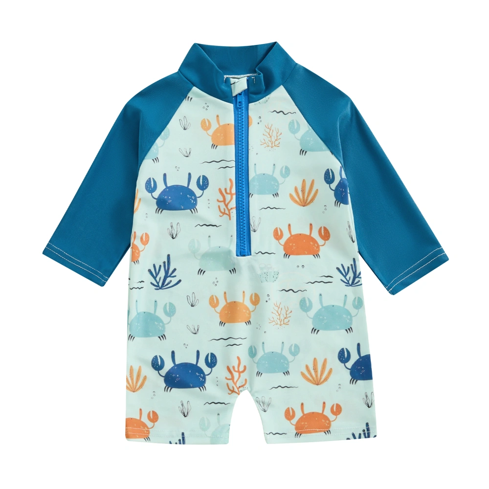 Baby Boy Round Neck Crab Print Zip UP Rash Guard Long Sleeve Swimsuit