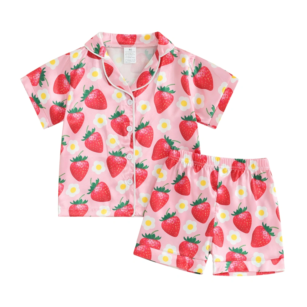 Girls Pajama Sets Short Sleeve Lapel Shirt Strawberry Print Shorts