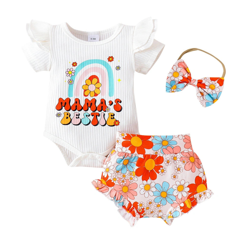 Baby Shorts Set Letter Rainbow Print Romper Floral Shorts Headband Set