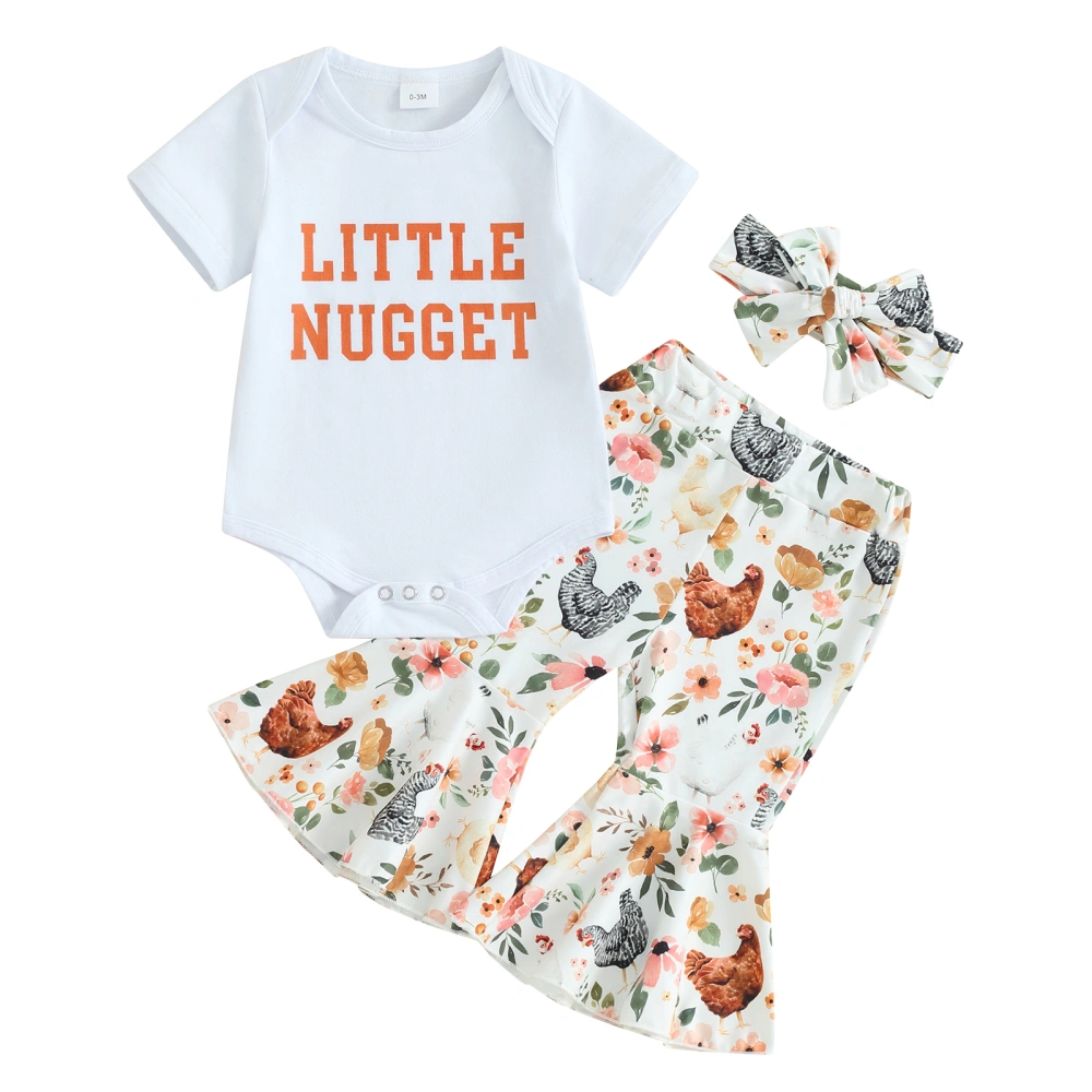 Baby Girls Outfit Letter Print Romper and Chicken Flare Pants Headband