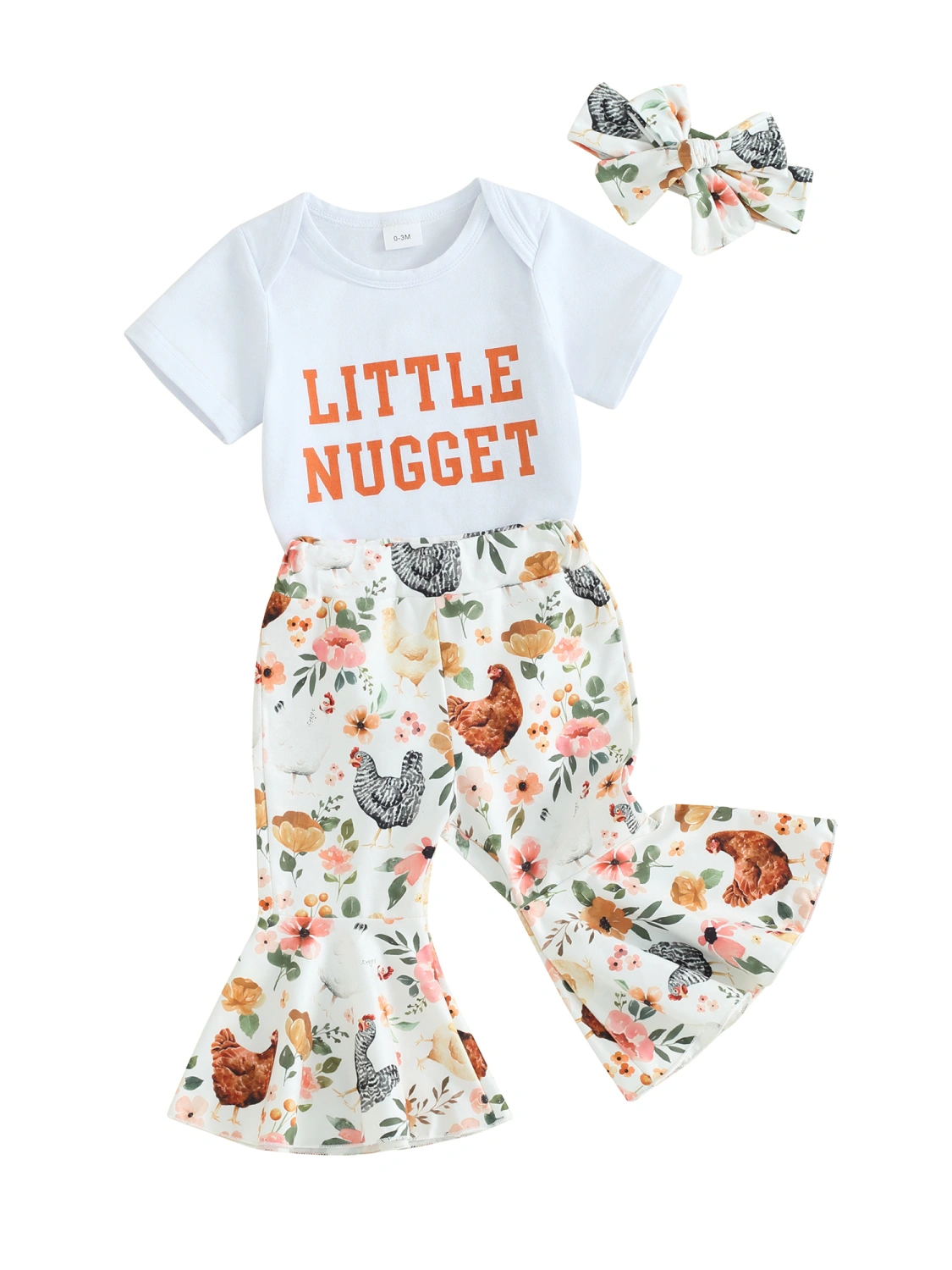 Baby Girls Outfit Letter Print Romper and Chicken Flare Pants Headband