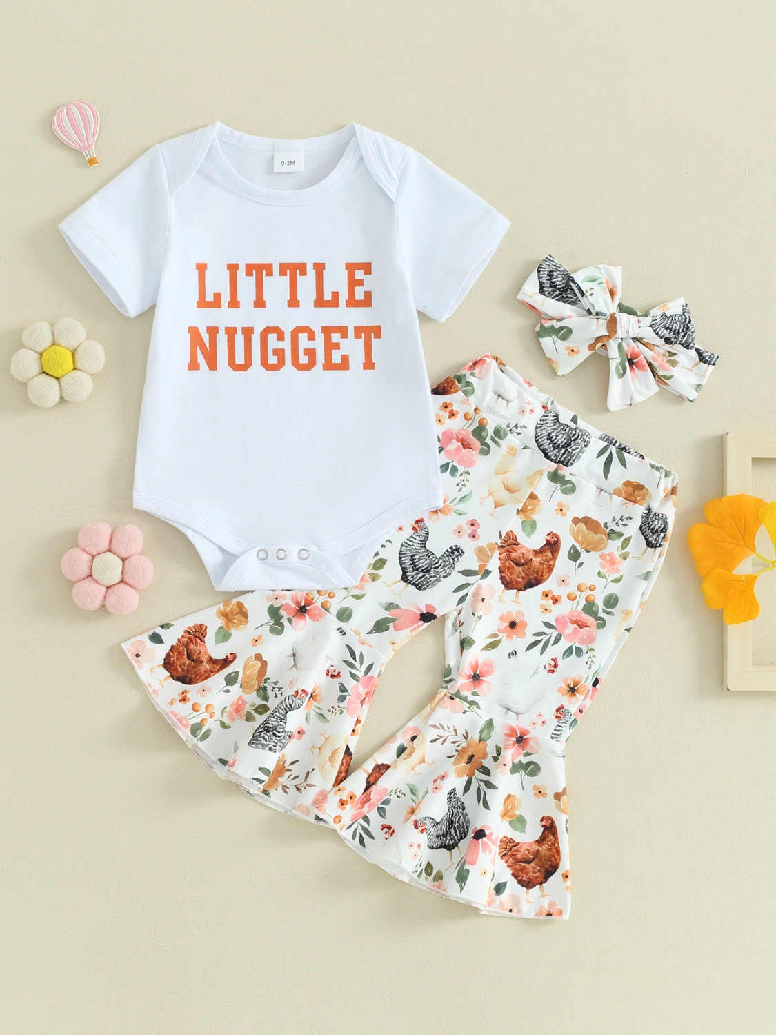 Baby Girls Outfit Letter Print Romper and Chicken Flare Pants Headband