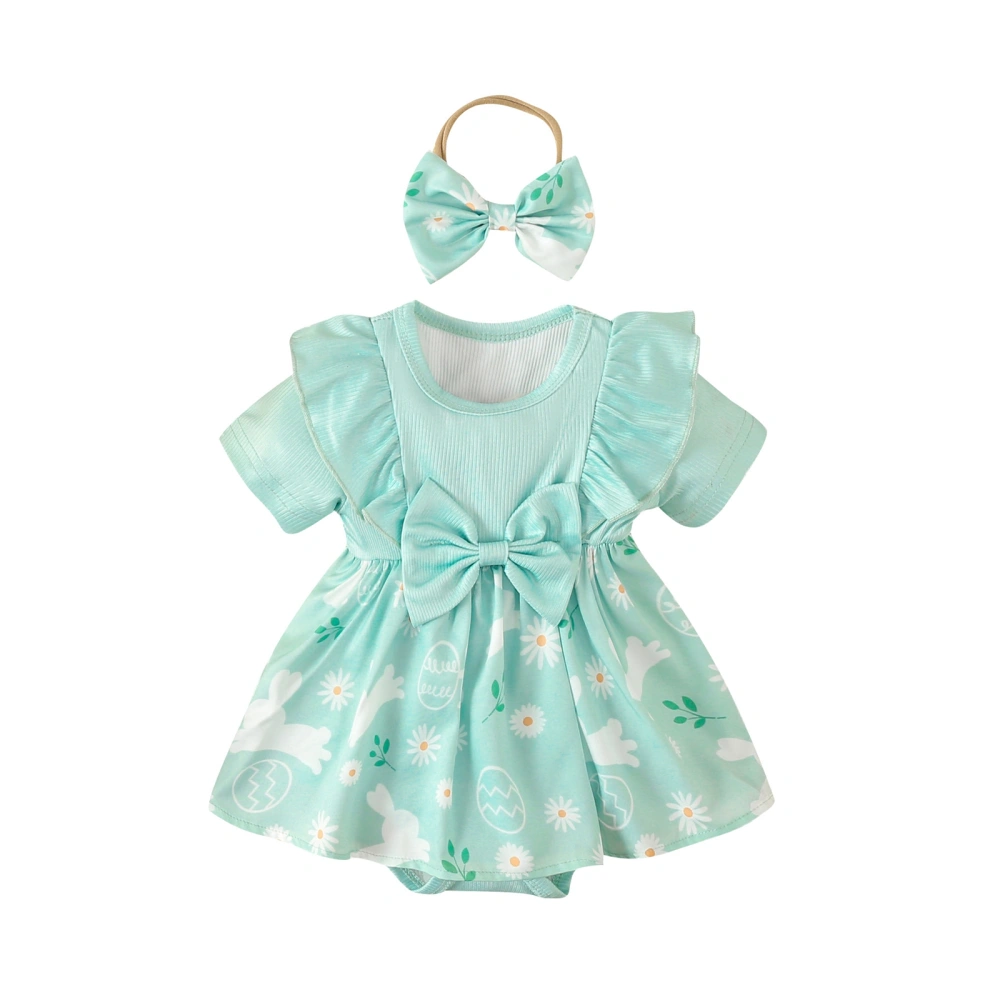 Baby Girls Dress Easter Eggs Daisy Rabbit Print Bodysuits with Headband