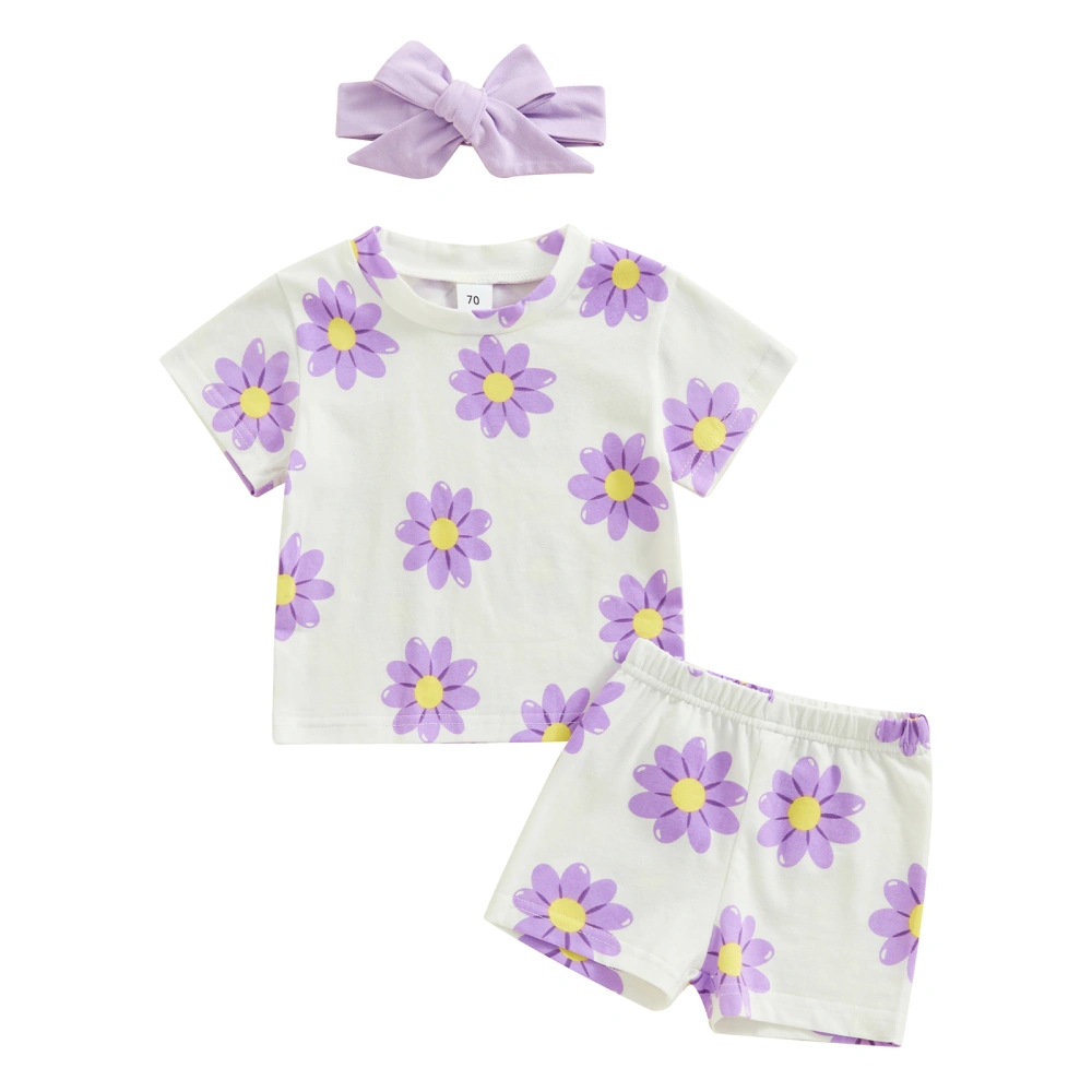 Baby Girls Shorts Set, Flower Print T-shirt Shorts with Hairband