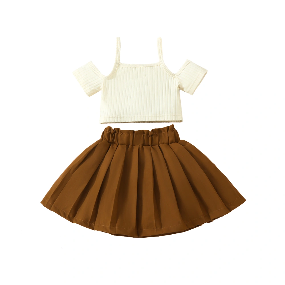 Little Girls 2 Piece Set, Ribbed Cold Shoulder Tops + Pleated Skirt 