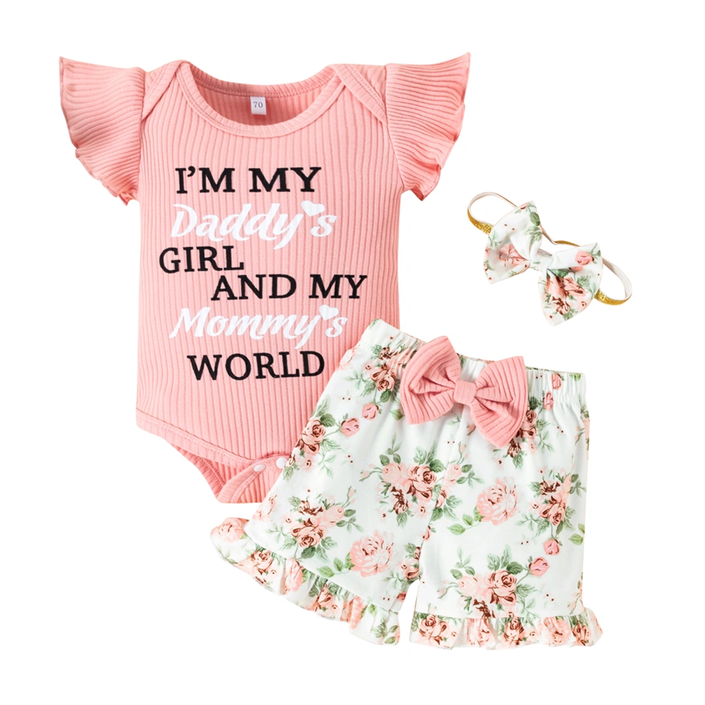 Girls Summer Outfits Letter Print Romper and Floral Shorts Headband