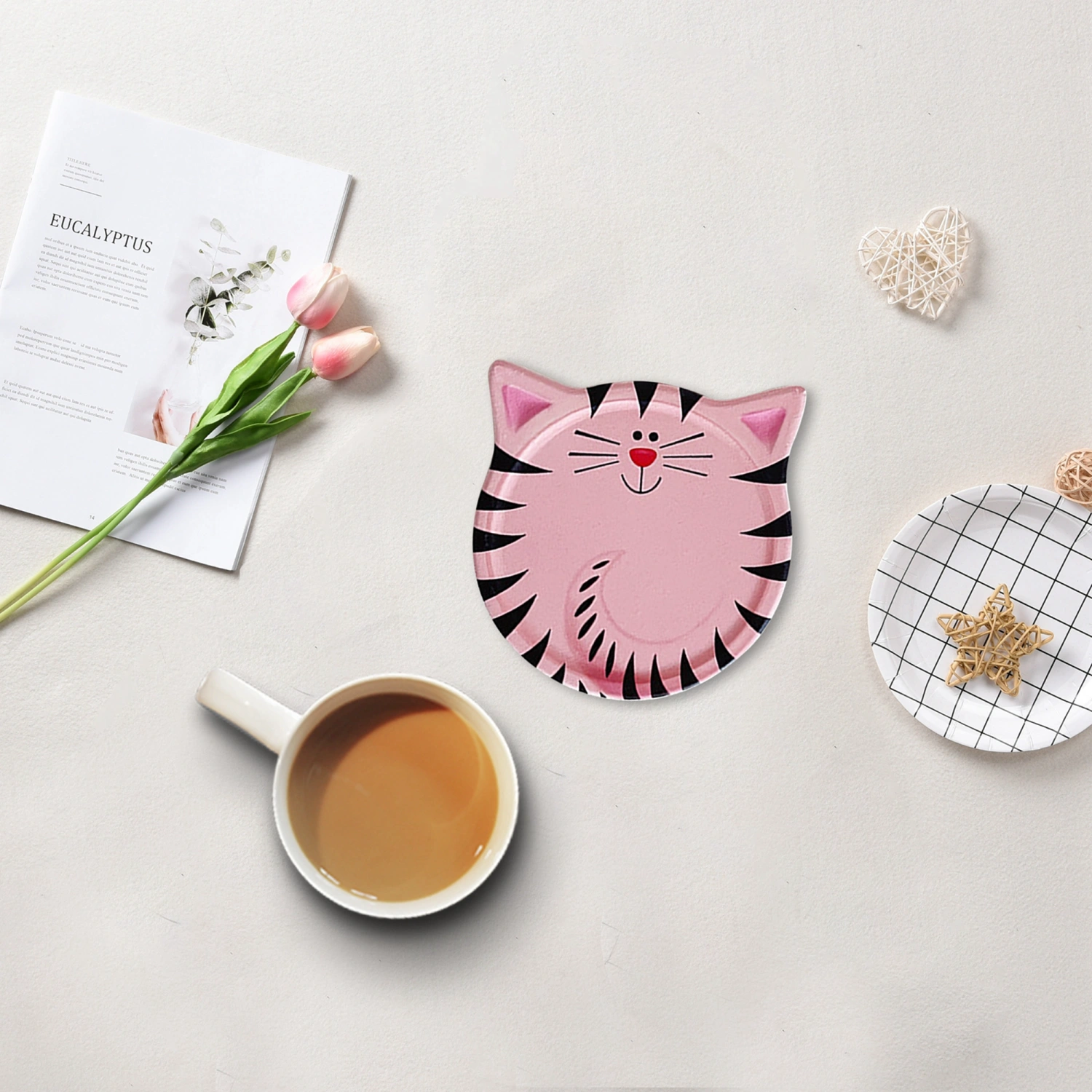 Cute Cat Coaster Anti-Slide Absorbing Ceramic Stone Coaster with Cork 
