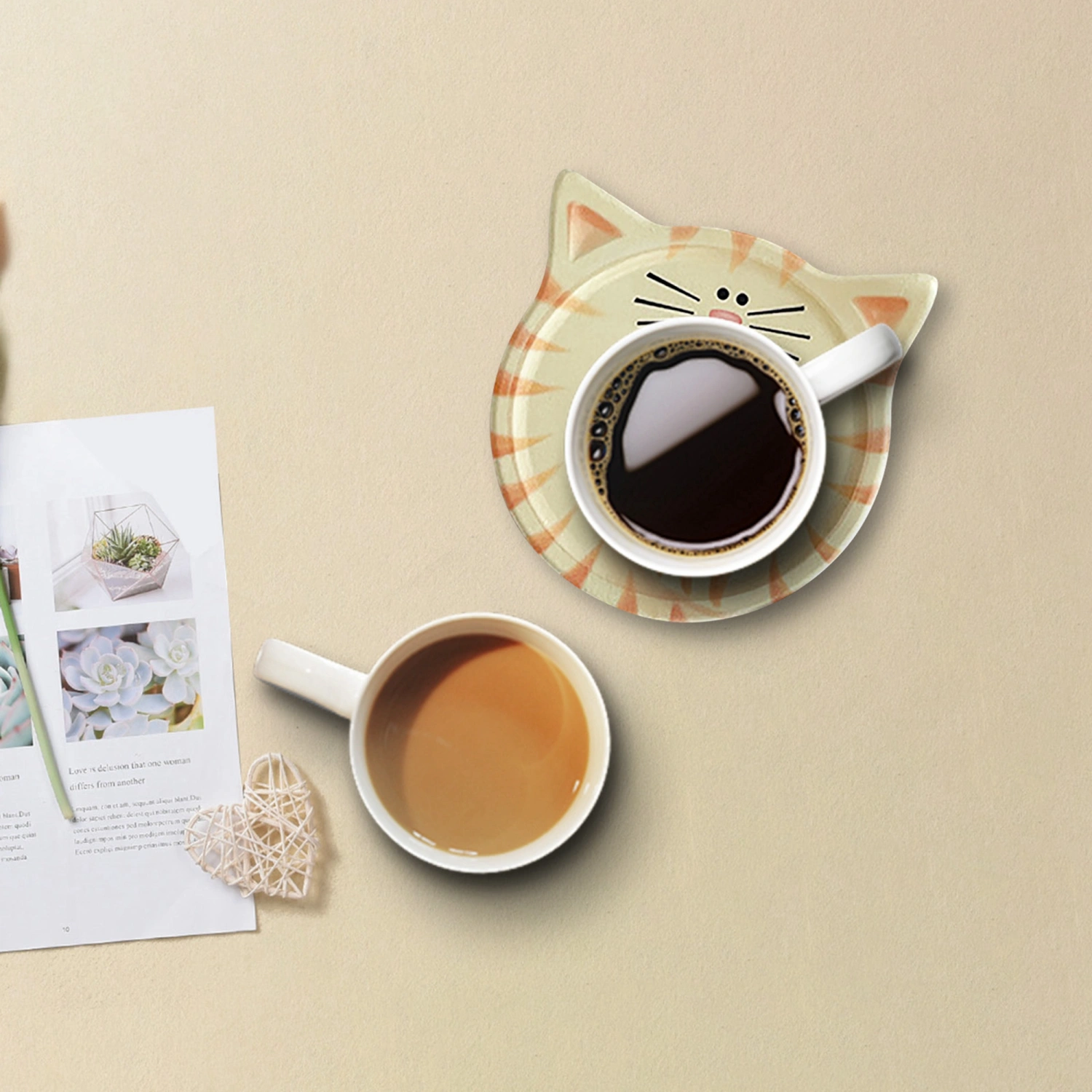 Cute Cat Coaster Anti-Slide Absorbing Ceramic Stone Coaster with Cork 