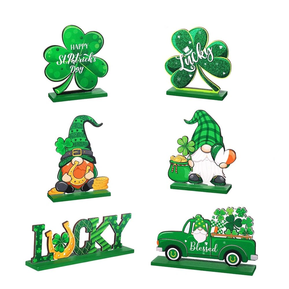 6pcs Wood Ornament, Standing Gnome Shamrock Desktop Decor Party Favor