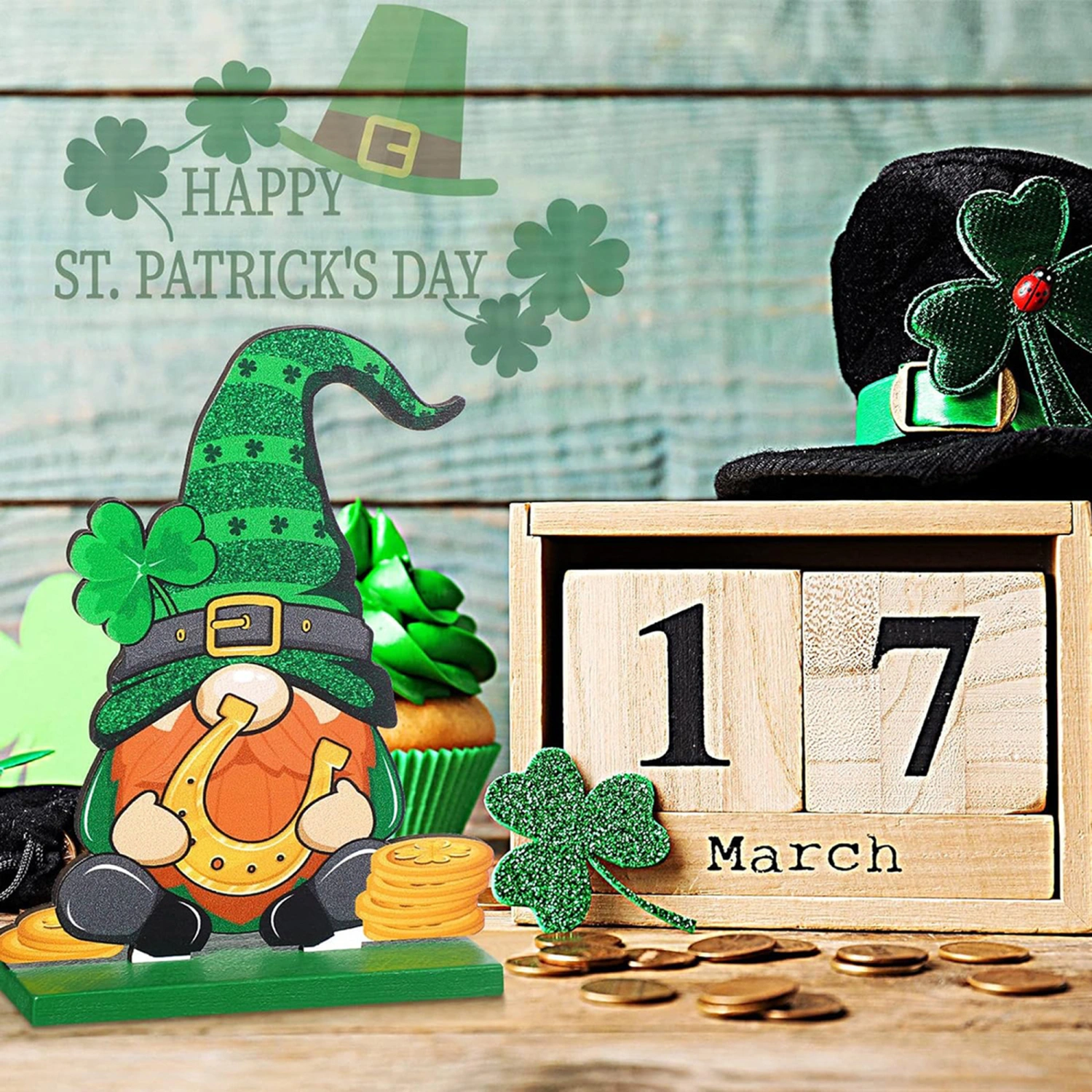 6pcs Wood Ornament, Standing Gnome Shamrock Desktop Decor Party Favor