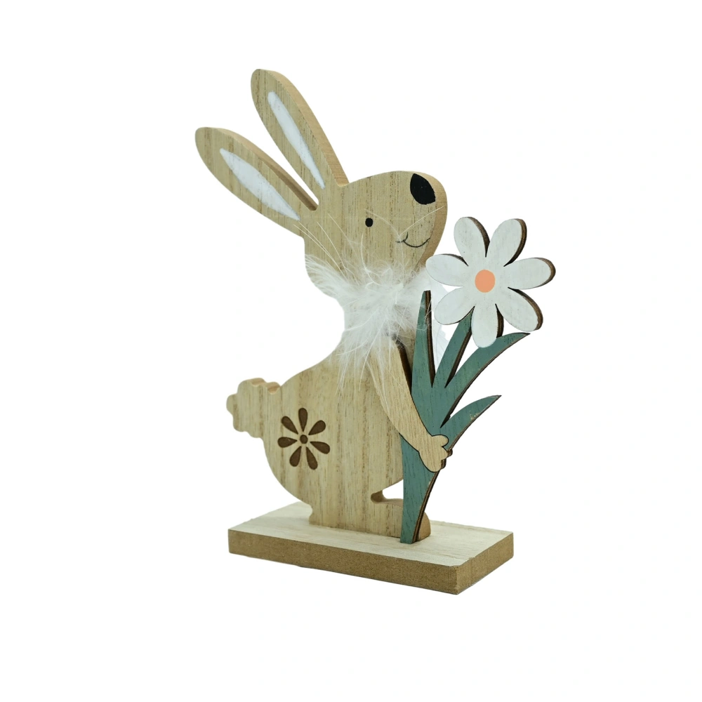 Easter Wood Rabbit Decoration Lovely Flower Bunny Statues with Base